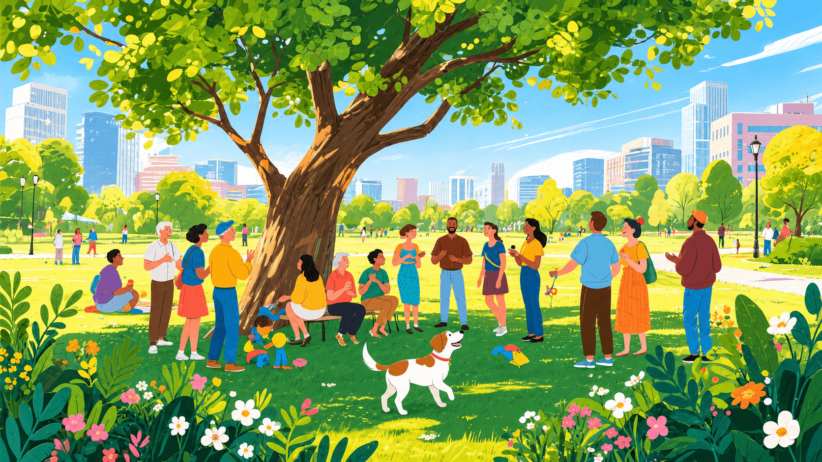 Illustration of a diverse community gathered together under a tree in a park